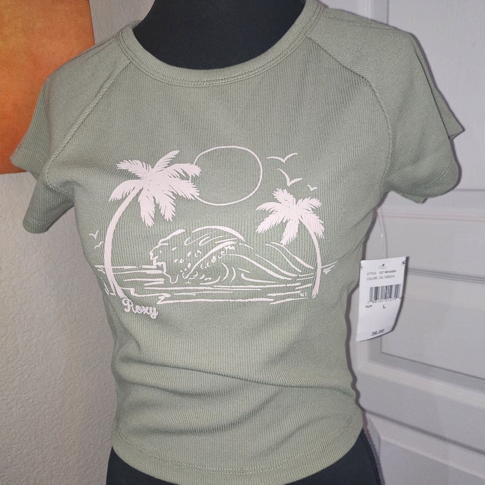 Roxy Olive Tee with Pink Tropical Design